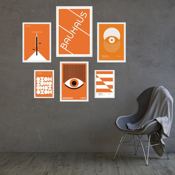 Composição 6 Quadros Bauhaus Laranja E Branco Moldura Branca