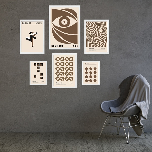 Composição 6 Quadros Bauhaus Marrom E Bege - Com Vidro Moldur