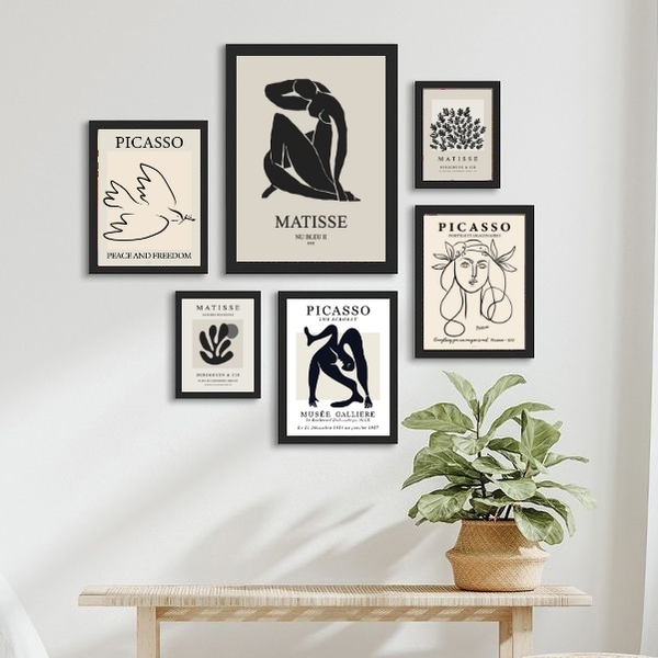 Composição 6 Quadros Cinza Preto - Matisse Picasso - Com Vidr