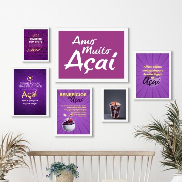 Composição 6 Quadros Decorativos Açaí Moldura:madeira Preta
