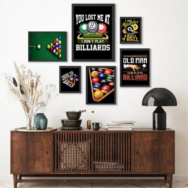 Composição 6 Quadros Decorativos Bilhar Sinuca - Com Vidro Mo