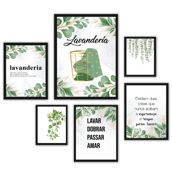 Composição 6 Quadros Decorativos Lavanderia Folhas Moldura:ma