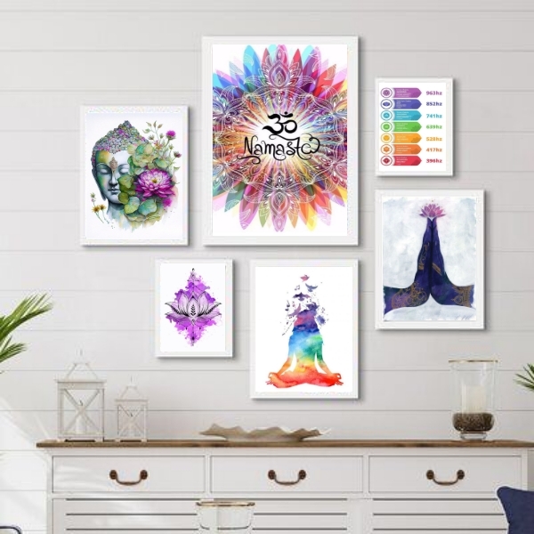 Composição 6 Quadros Decorativos Místicos Zen Namastê Moldura