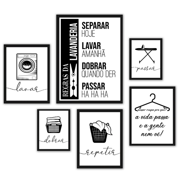 Composição 6 Quadros Decorativos Para Lavanderia - Com Vidro