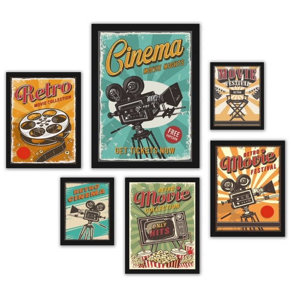 Composição 6 Quadros Decorativos Sala De Cinema Moldura:madei