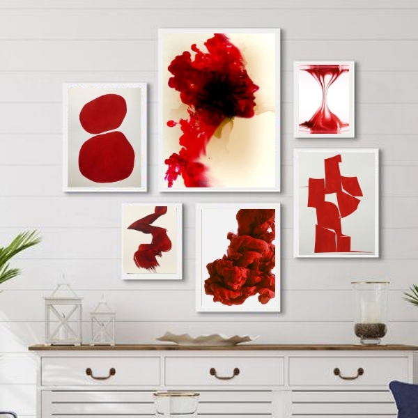 Composição 6 Quadros Decorativos Vermelhos- Abstratos - Com V