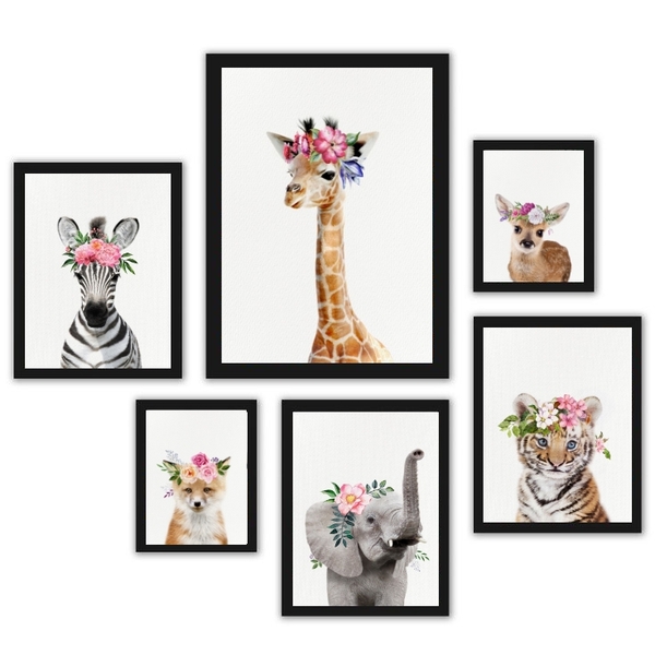Composição 6 Quadros Filhotes Animais Com Flores Moldura:made