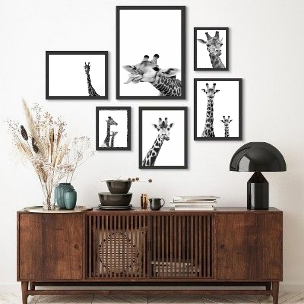 Composição 6 Quadros Fotografias Girafas Moldura:madeira Preta