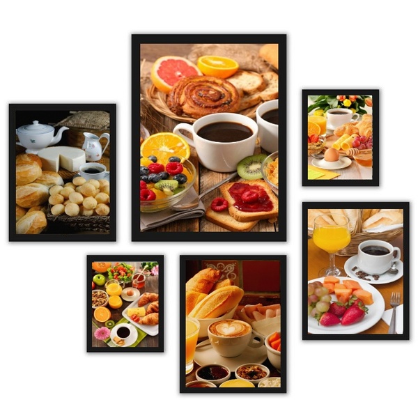 Composição 6 Quadros Fotos Café Da Manhã Moldura Preta