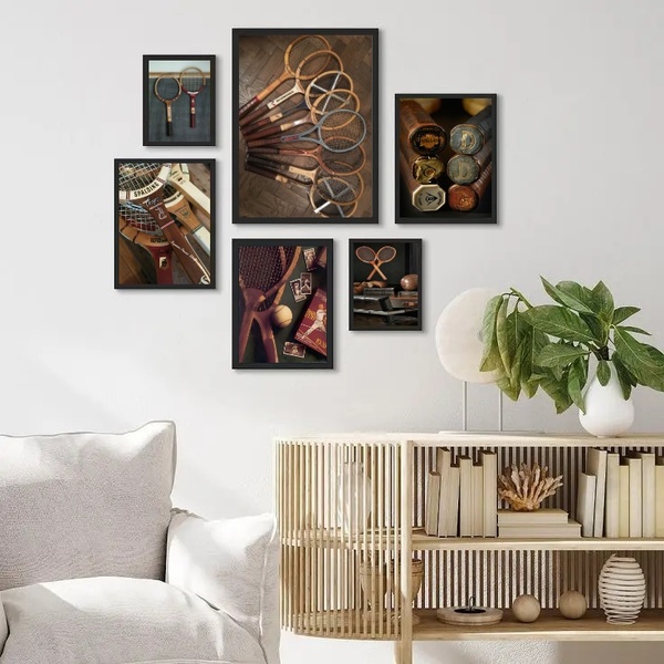 Composição 6 Quadros Fotos Raquetes De Tênis Antigas Moldura
