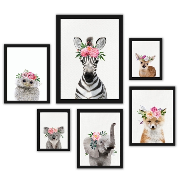 Composição 6 Quadros Infantis Animais Com Flores Moldura:made