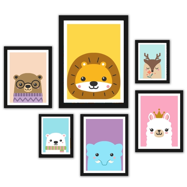 Composição 6 Quadros Infantis Unissex Bichinhos - Com Vidro M