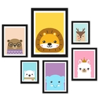 Composição 6 Quadros Infantis Unissex Bichinhos Moldura:madei