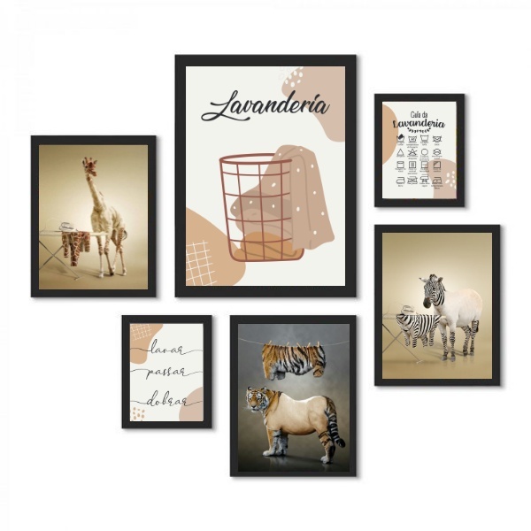Composição 6 Quadros Lavandería - Animais - Com Vidro Moldura