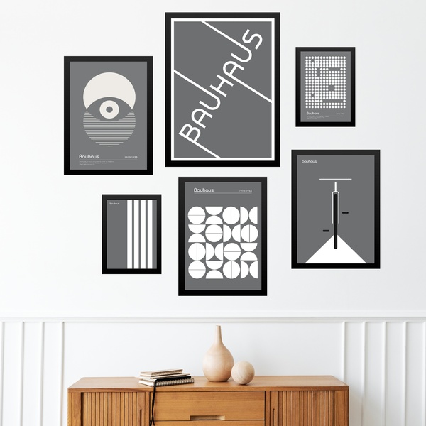 Composição 6 Quadros Modernos Bauhaus Cinza E Branco Moldura