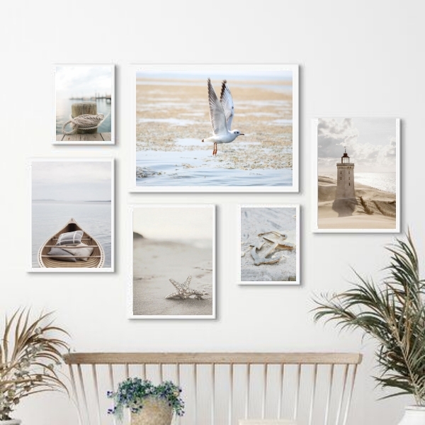 Composição 6 Quadros Neutros Praia- Branco E Bege - Com Vidro