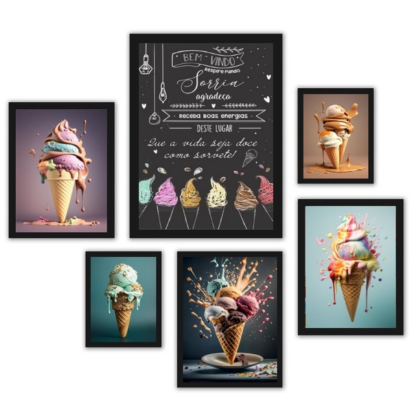 Composição 6 Quadros Para Sorveteria - Frase - Com Vidro Mold