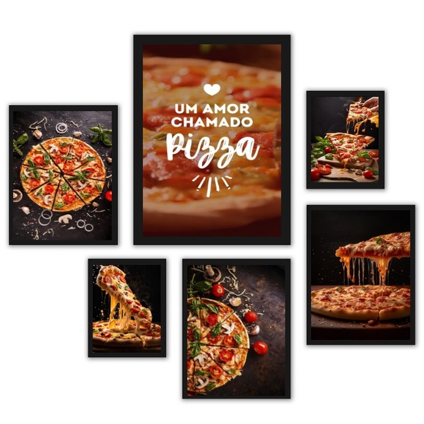 Composição 6 Quadros Pizzaria - Fotos Pizza Moldura Preta