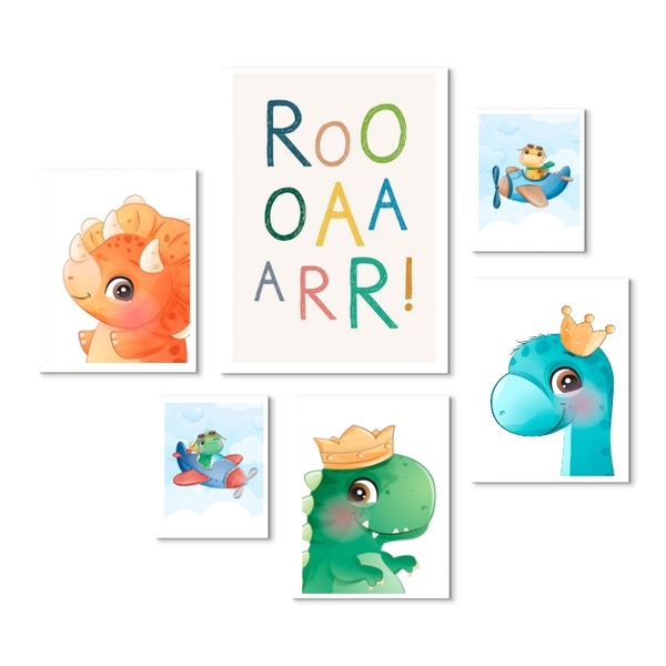 Composição 6 Quadros Quarto Infantil Dinos Moldura:madeira Br