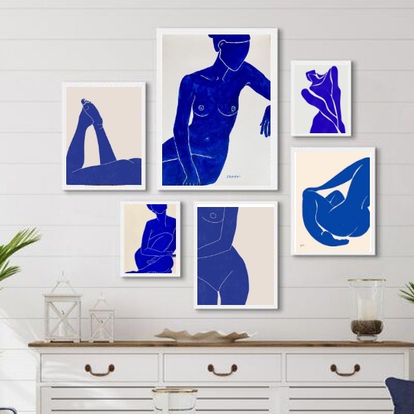 Composição 6 Quadros Quarto Nú Artísticos Azuis Moldura:madei