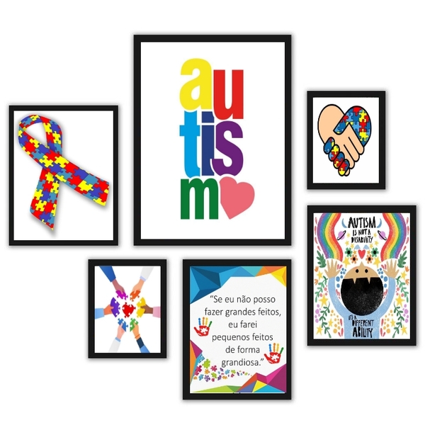Composição 6 Quadros Temáticos Autismo Moldura:madeira Branca