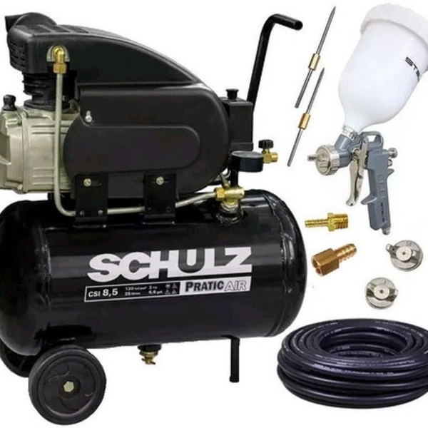 Compressor Ar 8,5pés Pro 25l Schulz + 10m Mang E Kit Pintura