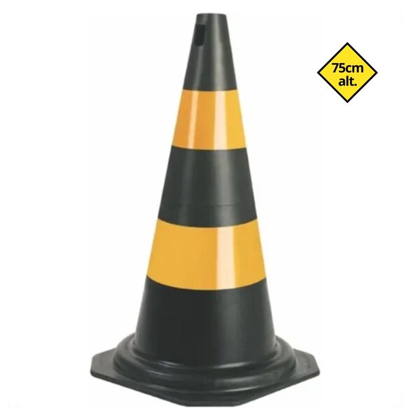 Cone Flexível Preto Com Faixa Refletiva Amarela 75cm – Plastc