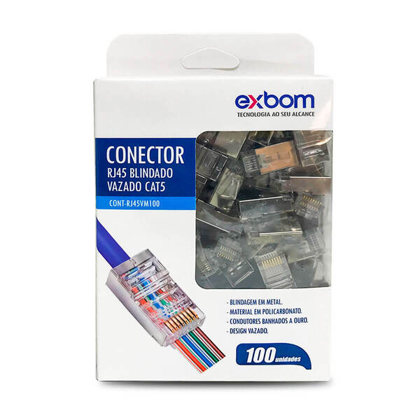 Conector Blindado Vazado Cabo Rede Rj45 Cat5 Kit 100 Unidade