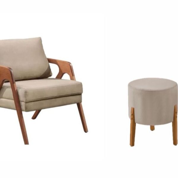 Conj. 1 Mona Com 1 Puff Pés De Madeira Maciça Linho Bege