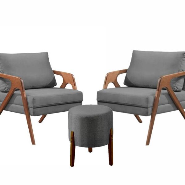 Conj. 2 Mona Com Puff Madeira Maciça Linho Cinza