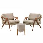 Conj. 2 Mona Com Puff Pés Madeira Maciça Linho Bege