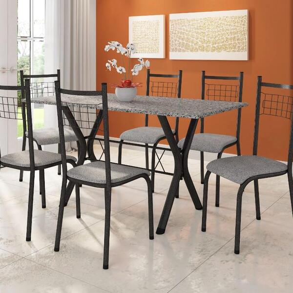 Conj. Mesa Miami Com 6 Cadeiras Lisboa Preto Prata/vegetale