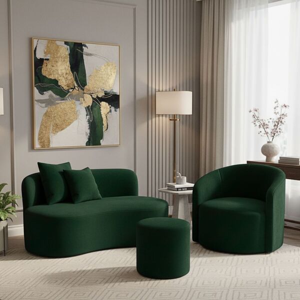 Conjunto 01 Poltrona + Sofá  E 1 Puff Curvo Orgânico Nature G