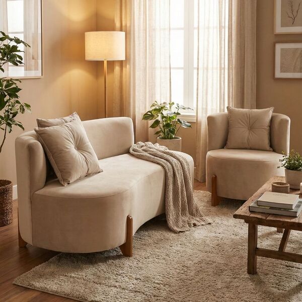 Conjunto 01 Poltrona + Sofá Curvo Orgânico Luna Veludo Bege -