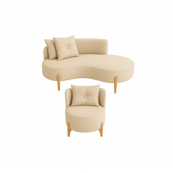 Conjunto 01 Poltrona + Sofá Curvo Orgânico Luna Veludo Bege -