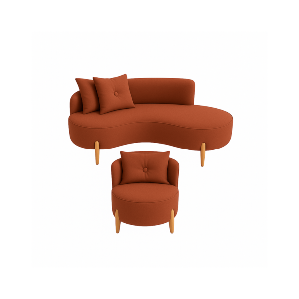 Conjunto 01 Poltrona + Sofá Curvo Orgânico Luna Veludo Terrac
