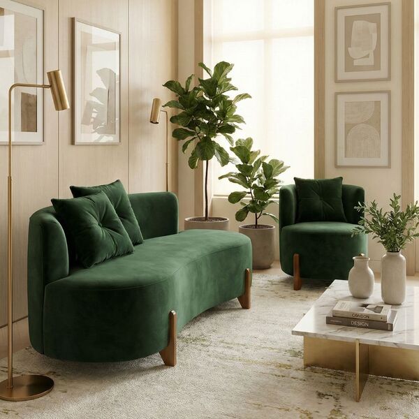 Conjunto 01 Poltrona + Sofá Curvo Orgânico Luna Veludo Verde