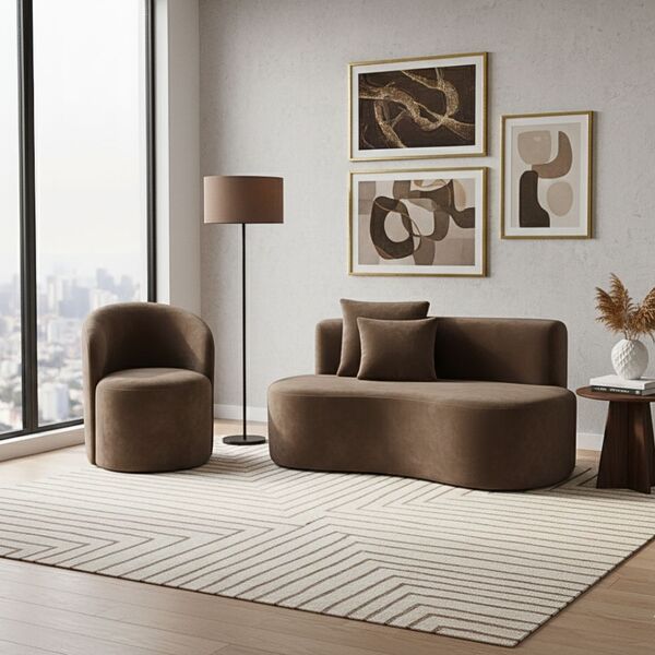 Conjunto 01 Poltrona + Sofá Curvo Orgânico Nature Gaia Veludo