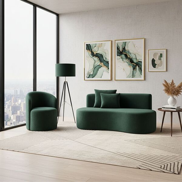 Conjunto 01 Poltrona + Sofá Curvo Orgânico Nature Gaia Veludo