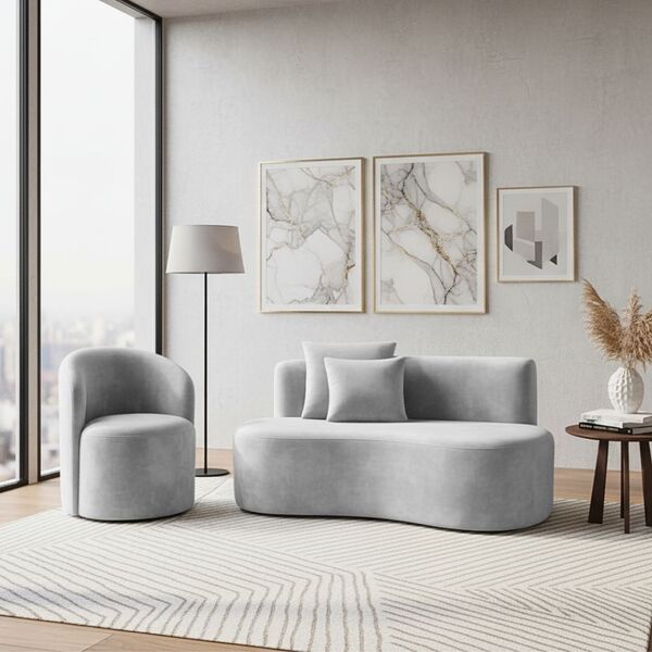 Conjunto 01 Poltrona + Sofá Curvo Orgânico Nature Gaia Veludo