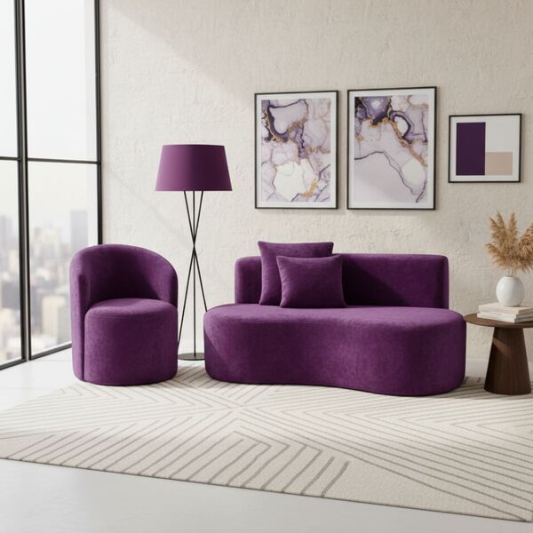Conjunto 01 Poltrona + Sofá Curvo Orgânico Nature Gaia Veludo
