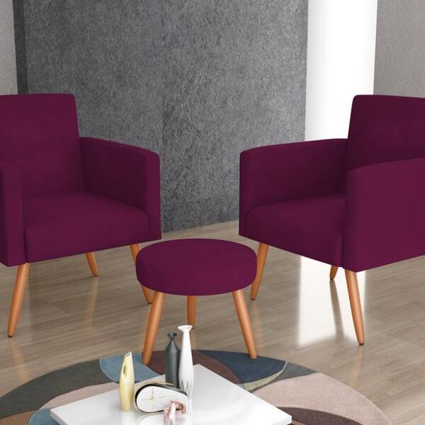 Conjunto 02 Poltronas Decorativas E 1 Puff Dallas - Veludo Tu