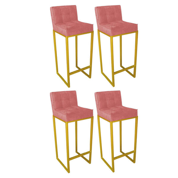 Conjunto 04 Banquetas Alta Lunna Assento Suede Rosê E Base Go