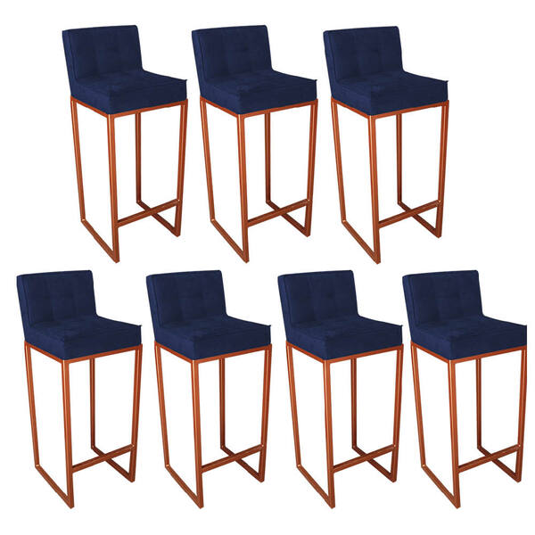 Conjunto 07 Banquetas Alta Lunna Assento Suede Azul Marinho E