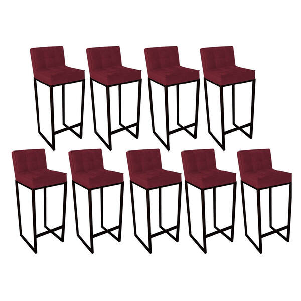 Conjunto 09 Banquetas Alta Lunna Assento Suede Bordô E Base P