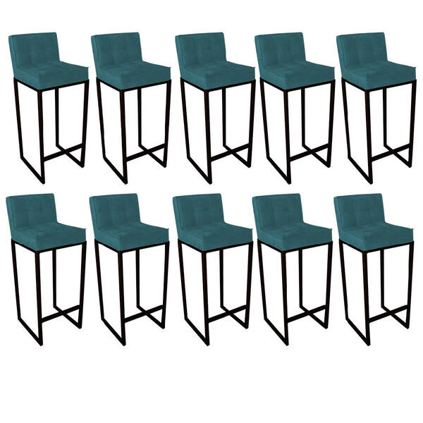 Conjunto 10 Banquetas Alta Lunna Assento Suede Azul Turquesa