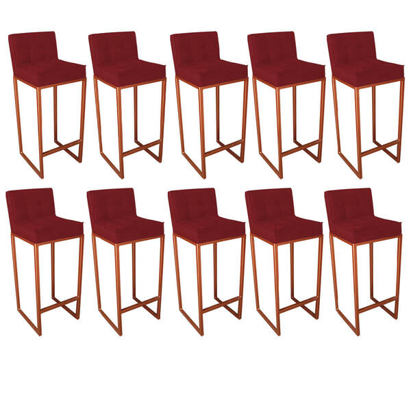 Conjunto 10 Banquetas Alta Lunna Assento Suede Vermelho E Bas