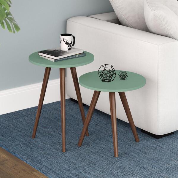 Conjunto 2 Mesas De Apoio Lateral Redonda Marrom Verde Oliva
