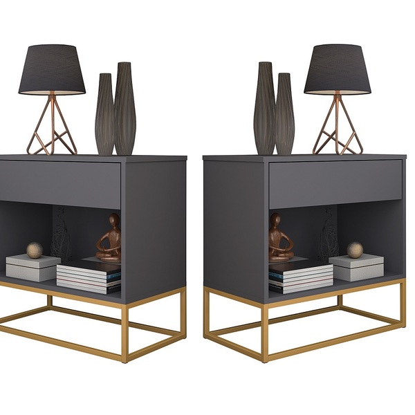 Conjunto 2 Mesas De Cabeceira Malta Cinza Com Base De Ferro D