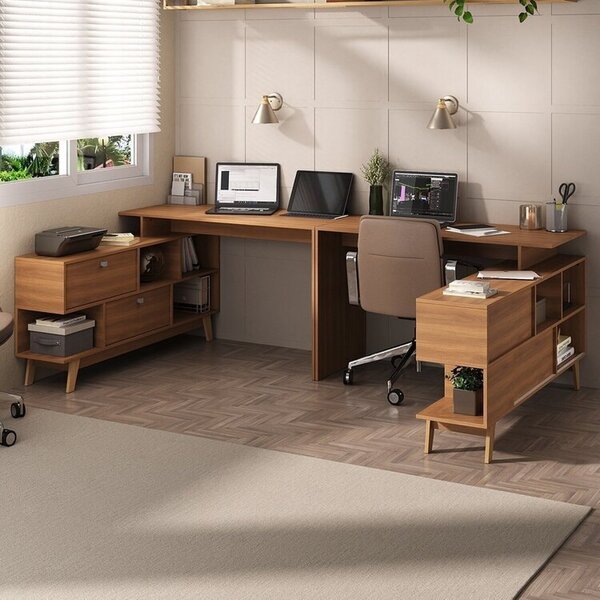 Conjunto 2 Mesas Para Escritório Escrivaninha Em L Retrô 136c